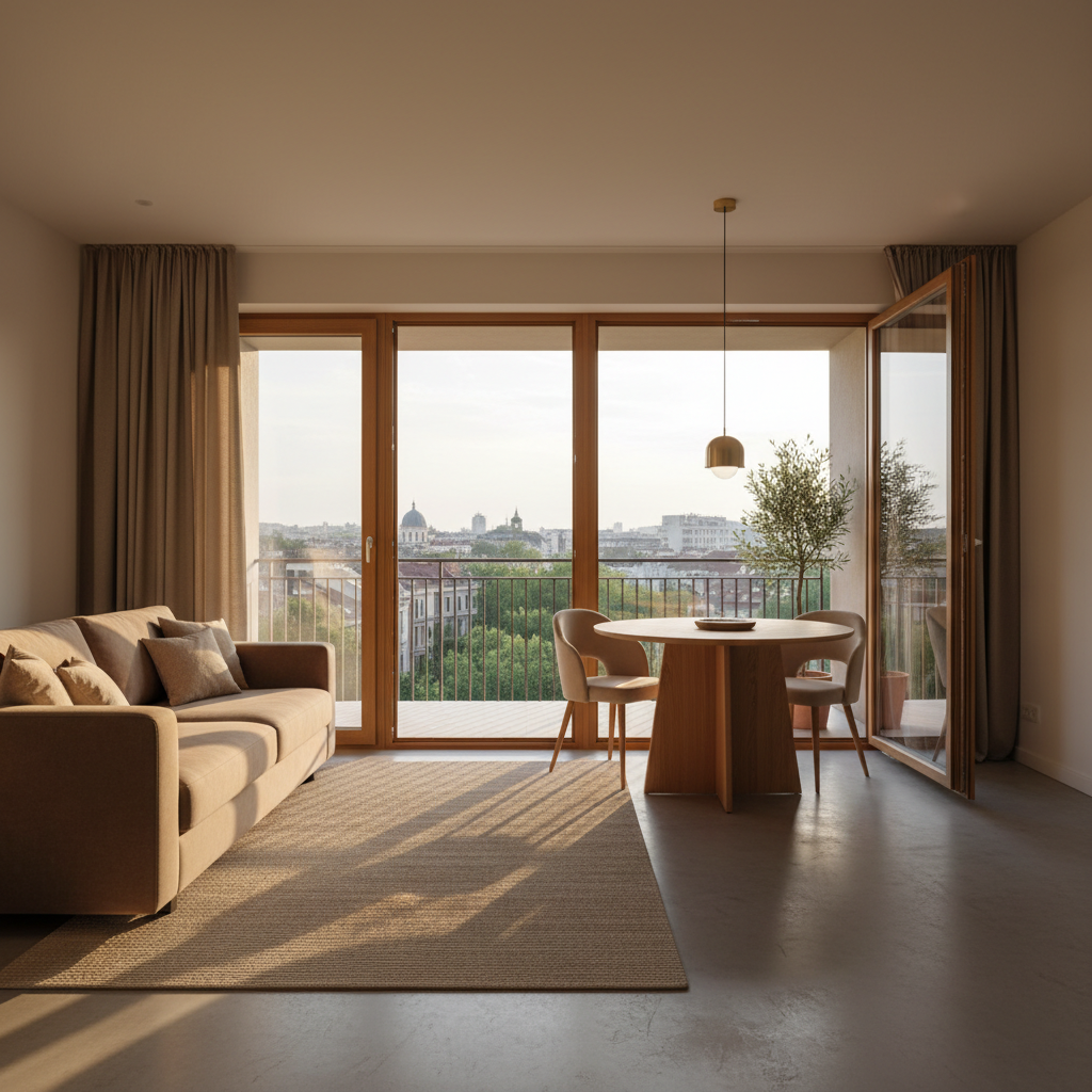 A panoramic view of a premium Bucharest apartment interior that subtly shows its central location without identifying specific buildings. The camera looks from the living area across to a compact dining nook and out toward a small balcony. Inside, neutral-toned furniture, including a low-profile sofa and a round dining table with two upholstered chairs, creates a cohesive, sophisticated palette of beiges and warm greys. The balcony doors are open, revealing a blurred suggestion of urban rooftops and trees. Golden hour light bathes the room, casting long, soft shadows and a warm glow on the walls and floor. Photographic realism, captured with a wide-angle lens and balanced composition, conveying a sense of openness, urban elegance, and high-end temporary living.