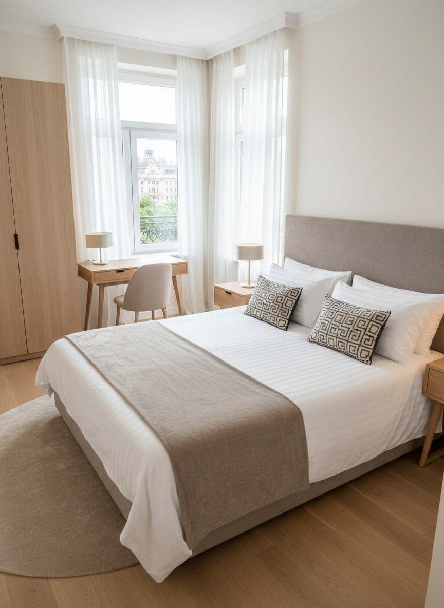 A bright, premium bedroom in a short-term rental apartment in Bucharest, designed with hotel-level comfort. A king-size bed with crisp white linens, layered with a soft taupe throw and two neatly arranged accent cushions, stands against a textured upholstered headboard in a warm grey tone. Minimalist bedside tables in light oak hold sleek, cylindrical lamps casting a warm, diffused glow. Natural daylight filters through sheer curtains, softening the city view beyond. Photographic realism, captured from a slightly elevated corner to show the bed, a small writing desk, and a built-in wardrobe. The mood is peaceful, luxurious, and meticulously organized, emphasizing comfort and elegance without clutter or personal items.