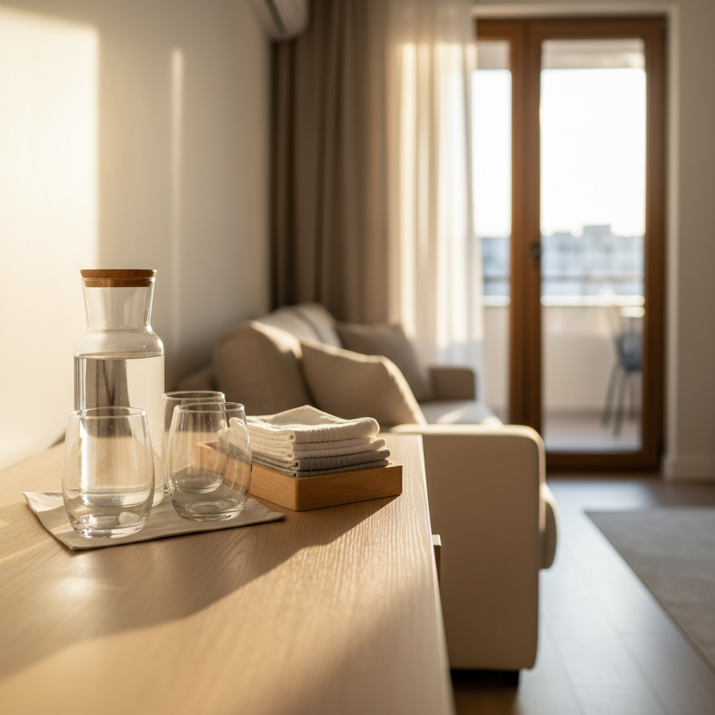 A carefully styled detail shot of a premium short-term rental apartment living area in Bucharest, focusing on amenities. In the foreground, a polished sideboard in light wood hosts a curated arrangement: a glass carafe of water, two simple, clear tumblers, and a small tray with neatly folded neutral-colored textiles, suggesting fresh linens or towels without visible branding. In the background, softly blurred, a neatly made sofa and a glimpse of a balcony door hint at the wider space. Late afternoon natural light streams in, creating gentle highlights on the glass surfaces and subtle shadows along the furniture edges. Photographic realism with a shallow depth of field, the mood is refined, intimate, and quietly luxurious, emphasizing thoughtful details and guest comfort.