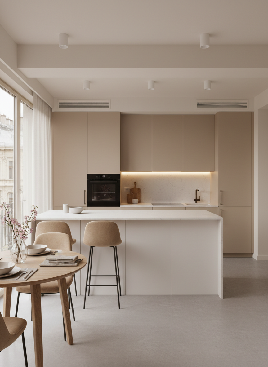 A modern open-plan kitchen and dining area in a premium Bucharest apartment, presented like a high-end hotel suite. A matte white island with a smooth quartz countertop sits centrally, with two simple, upholstered bar stools in a muted sand color. Behind it, handleless cabinetry in warm beige with integrated lighting under the upper units subtly illuminates the backsplash. Stainless steel appliances are neatly integrated, with no visible brand names. Soft, even overhead lighting combines with gentle natural light from a nearby window, creating a clean, refined atmosphere. Shot in photographic realism from an eye-level, slightly wide angle, the composition uses leading lines from the island toward a small, elegant dining table set simply with neutral tableware, suggesting effortless, premium living.