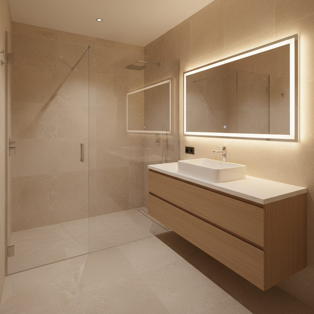 A luxurious apartment bathroom designed for short-term stays, featuring a spacious walk-in shower enclosed by clear frameless glass. Large-format, light stone tiles cover the floor and walls, creating a spa-like texture. A floating vanity in pale oak with a seamless white countertop holds a rectangular vessel sink with a sleek chrome faucet. A generously sized backlit mirror casts a soft, flattering glow, while a concealed linear drain and minimalist fixtures enhance the clean aesthetic. Photographic realism with warm, even lighting, no harsh shadows, captured from a slightly elevated angle that shows both the vanity and shower. The atmosphere feels serene, immaculate, and premium, evoking the sophistication of an upscale hotel bathroom in Bucharest.