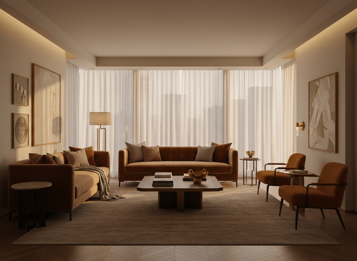 Interior elegant al unui apartament premium Atlantis Home — salon luminos cu mobilier rafinat, lumini calde și accente aurii